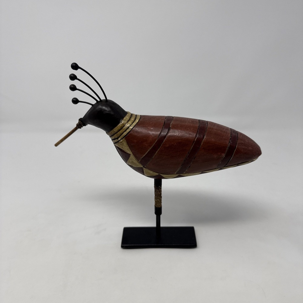 Pier 1 Imports Handmade Wooden Bird Figurine on Metal Rod Stand 9" H‎